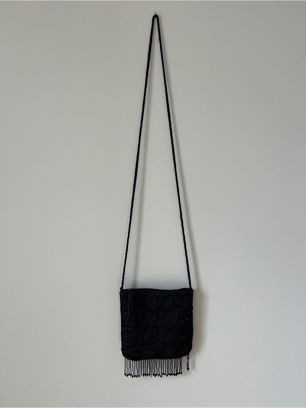 Vintage Black Beaded Fringe Crossbody
